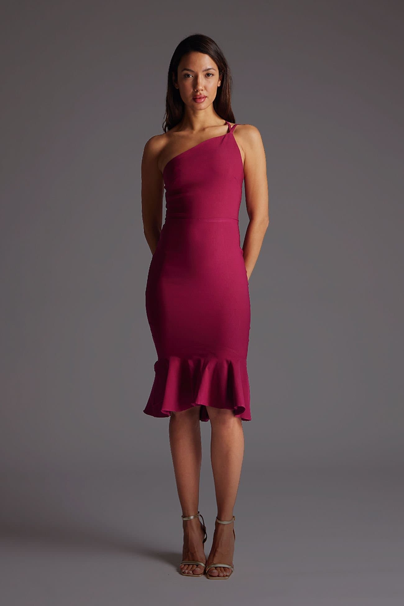 Vesper Vesper Women's One Shoulder Midi Dress with Frill in Burgundy