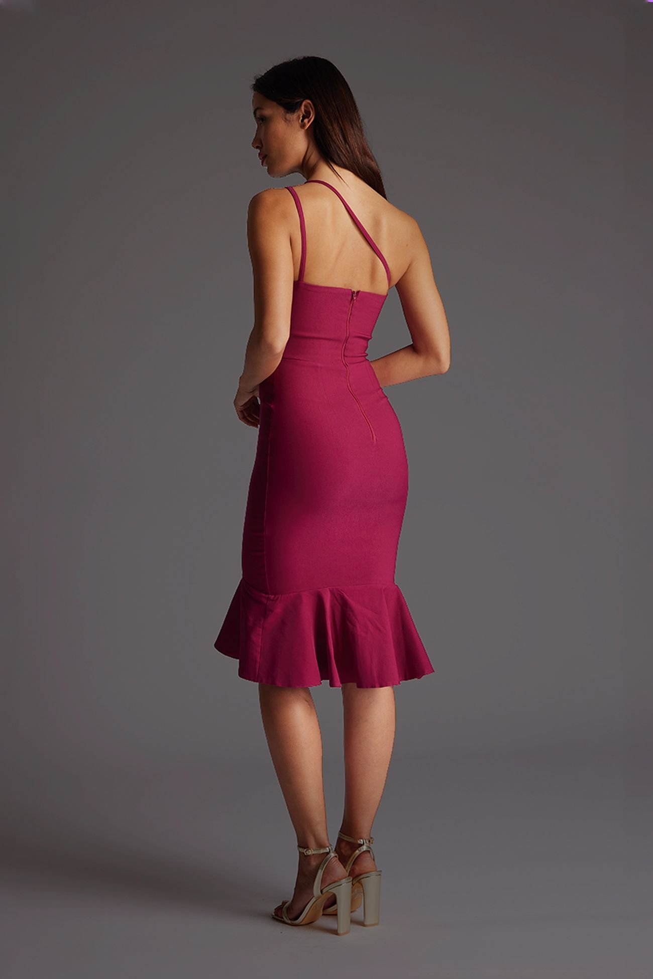 Vesper Vesper Women's One Shoulder Midi Dress with Frill in Burgundy - 3