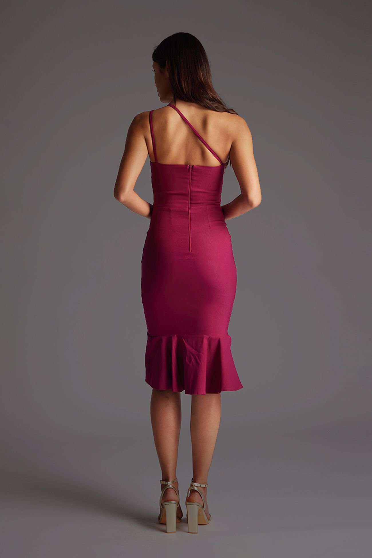 Vesper Vesper Women's One Shoulder Midi Dress with Frill in Burgundy - 4