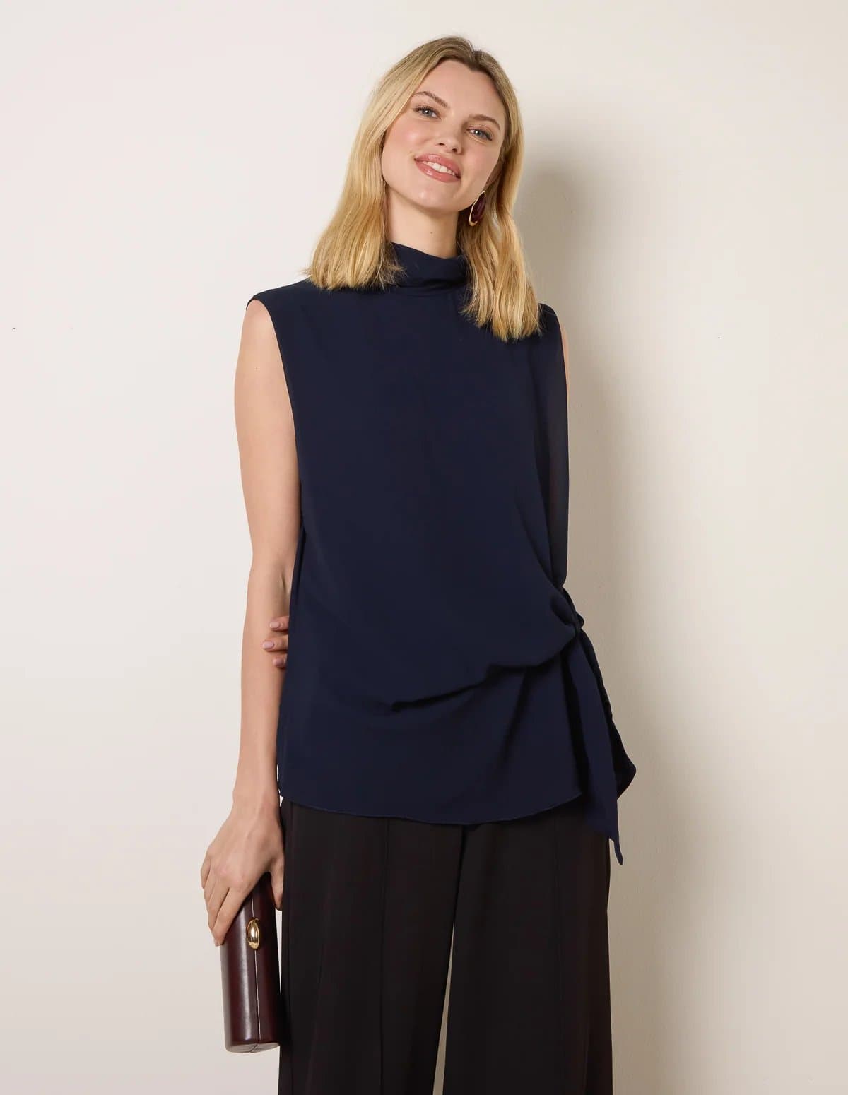 Blue Vanilla Sleeveless Cowl Tie Front Chiffon Blouse