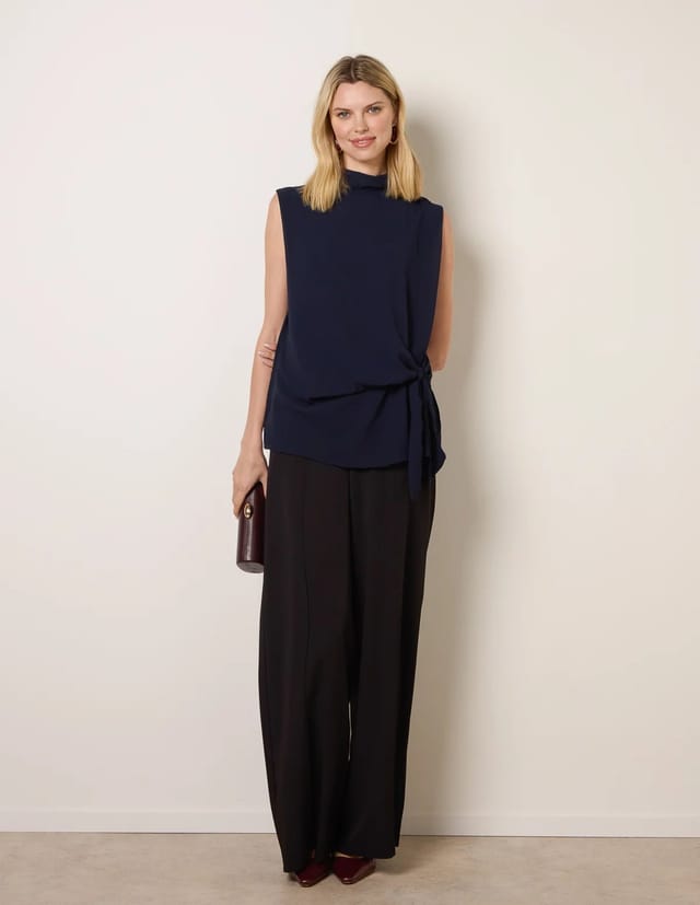 Blue Vanilla Sleeveless Cowl Tie Front Chiffon Blouse - 2