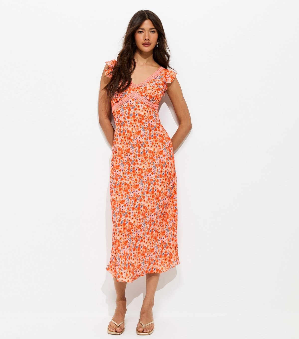 New Look Women's Orange Floral Lace Trim Midi Tea Dress New Look