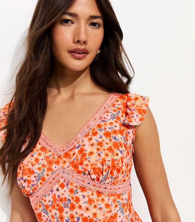 New Look Women's Orange Floral Lace Trim Midi Tea Dress New Look - 2