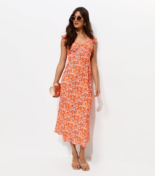 New Look Women's Orange Floral Lace Trim Midi Tea Dress New Look - 3