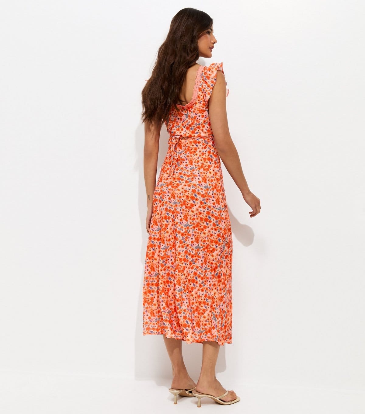 New Look Women's Orange Floral Lace Trim Midi Tea Dress New Look - 4