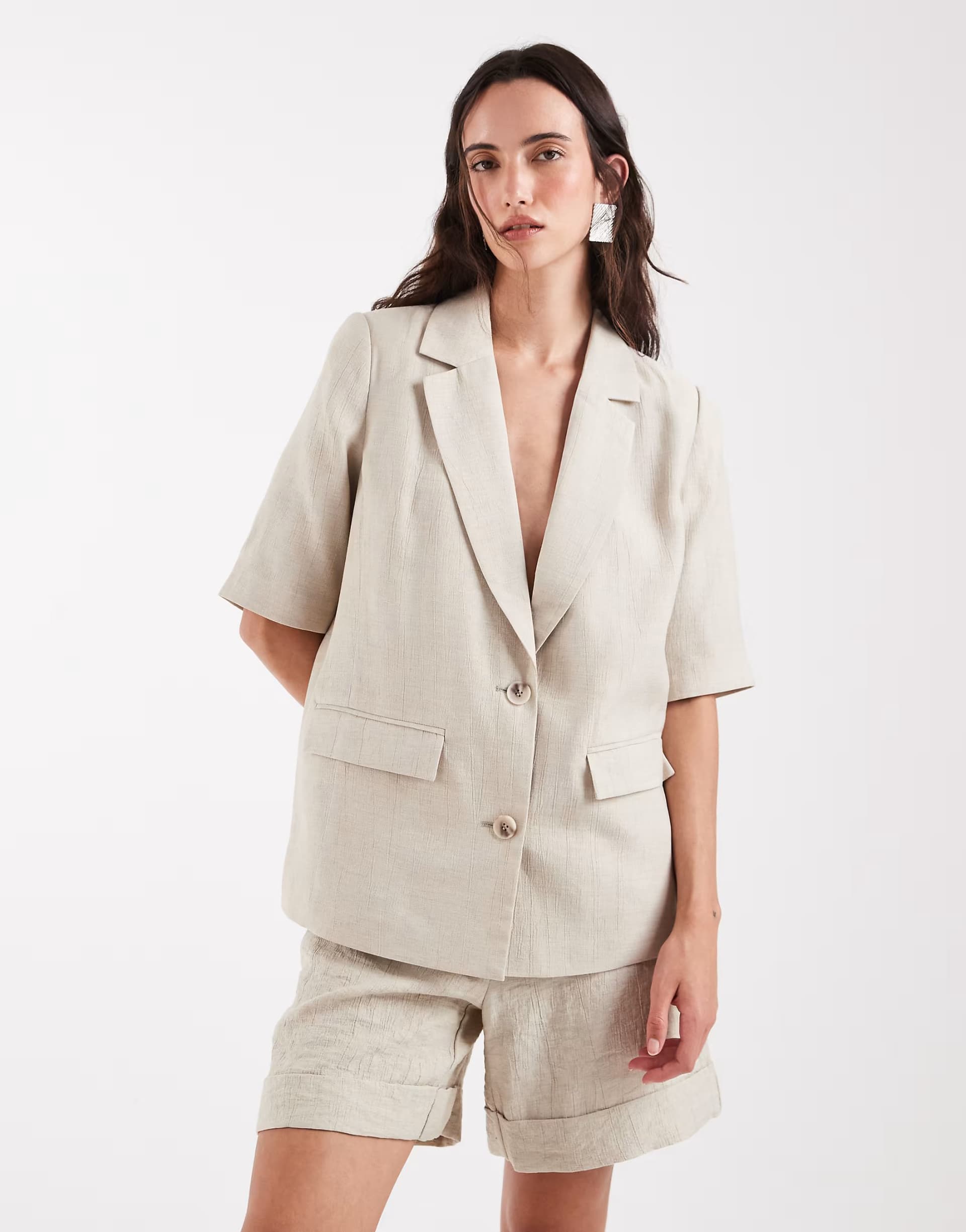 ASOS Pieces short sleeve tailored linen-look blazer co-ord in cream