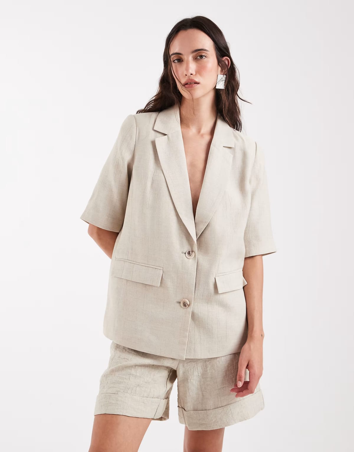 ASOS Pieces short sleeve tailored linen-look blazer co-ord in cream - 1