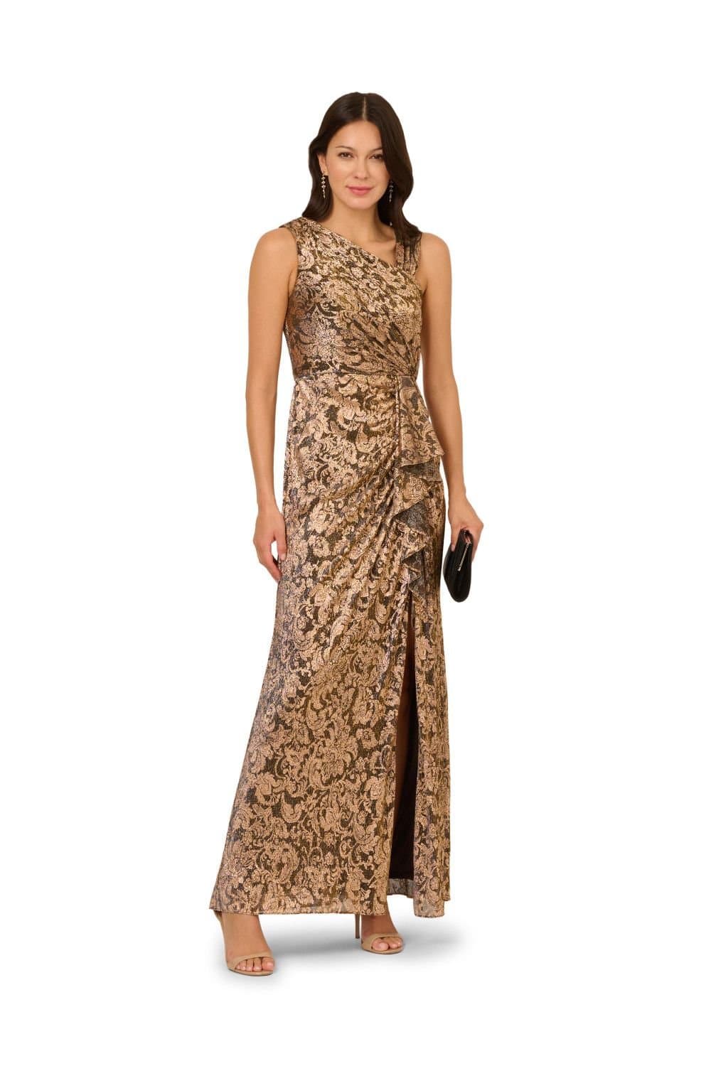 Adrianna Papell Adrianna Papell Women's Metallic Crinkle Long Dress in Chocolate