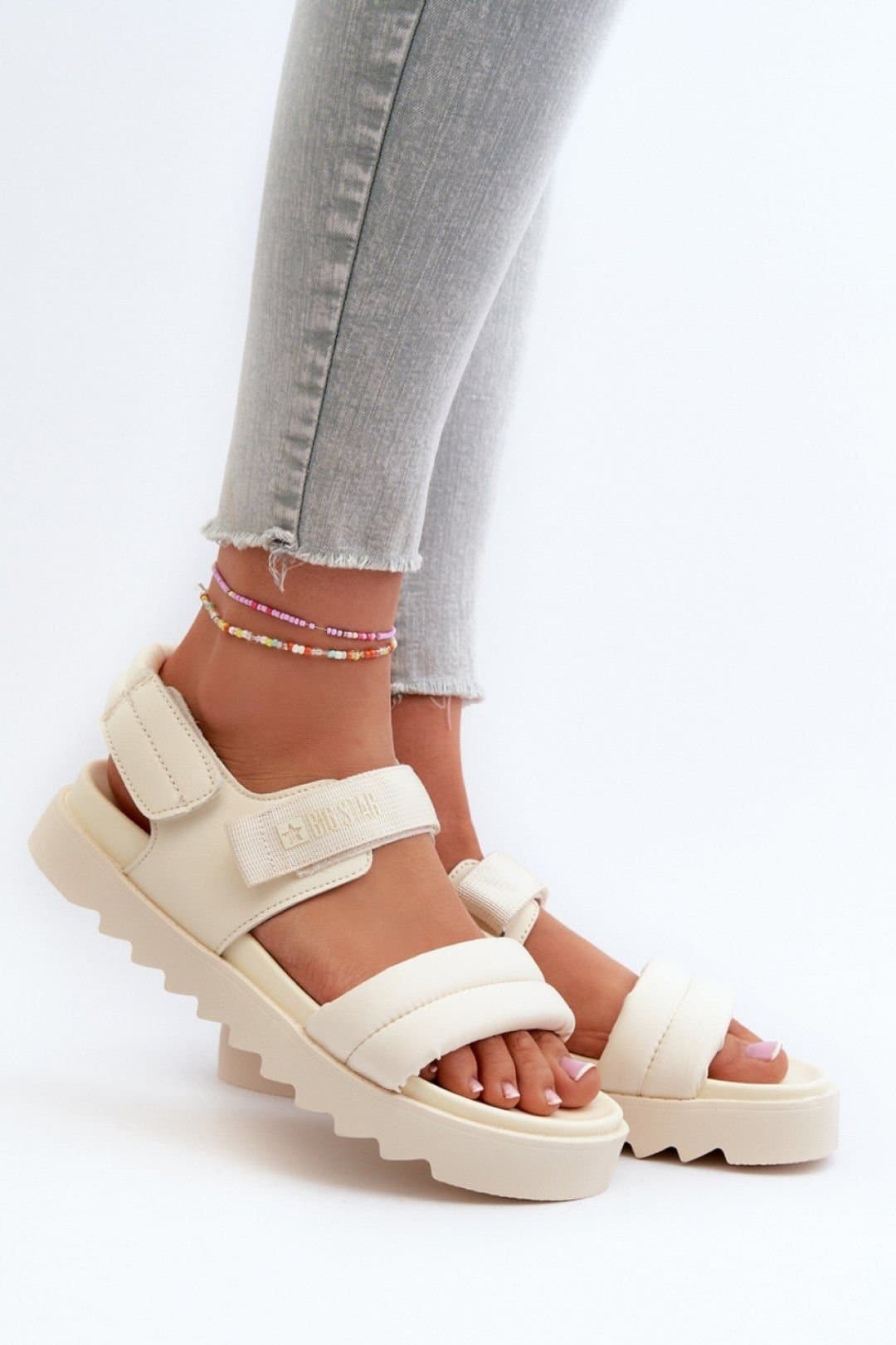 Love Lace Love Lace Women's Big Star Platform Sandals with Velcro Fastening for Comfort in Beige