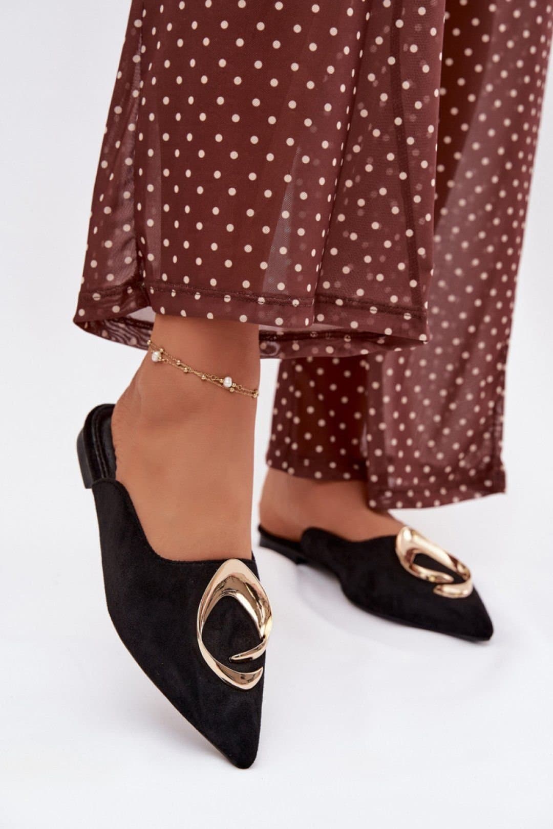 Love Lace Love Lace Black Faux Suede Mules With Pointed Toe & Gold Front