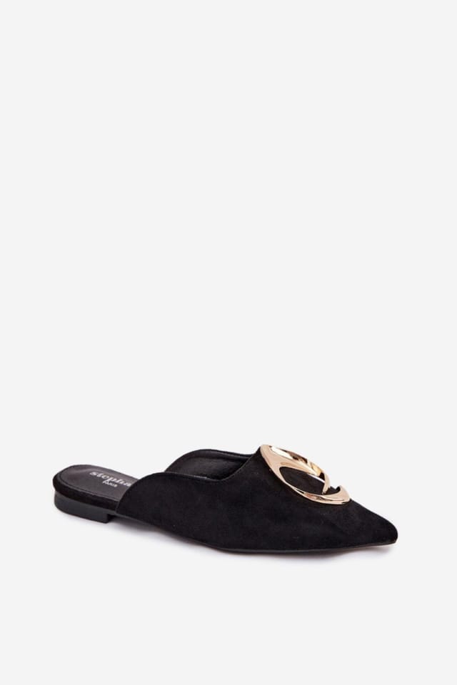 Love Lace Love Lace Women's Elegant Faux Suede Mules with Pointed Toe & Gold Front in Black - 2
