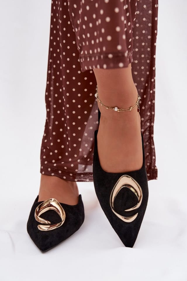 Love Lace Love Lace Women's Elegant Faux Suede Mules with Pointed Toe & Gold Front in Black - 3