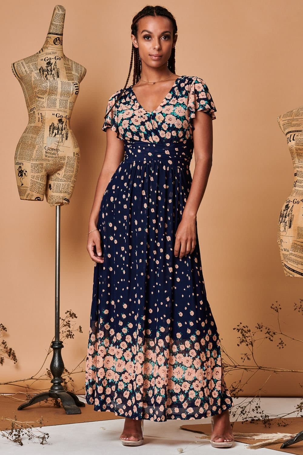 Jolie Moi Jolie Moi Women's Mirrored Floral Print Mesh Maxi Dress in Navy
