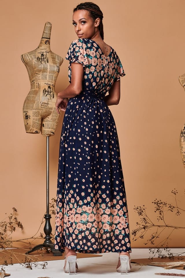 Jolie Moi Jolie Moi Women's Mirrored Floral Print Mesh Maxi Dress in Navy - 2