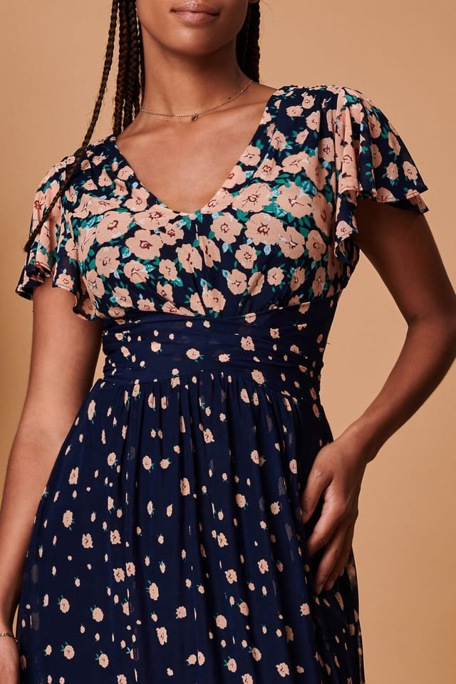 Jolie Moi Jolie Moi Women's Mirrored Floral Print Mesh Maxi Dress in Navy - 3