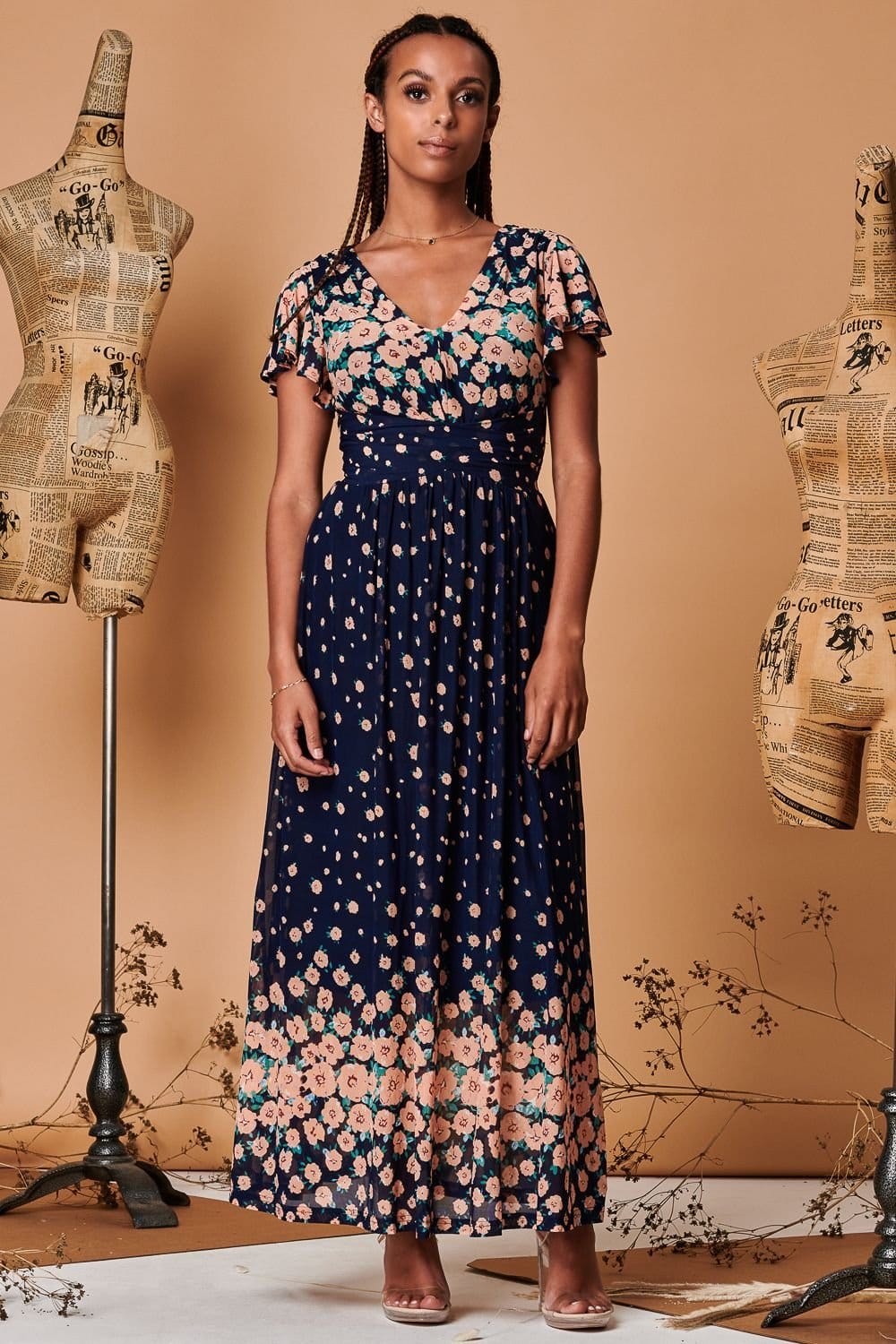 Jolie Moi Jolie Moi Women's Mirrored Floral Print Mesh Maxi Dress in Navy - 4