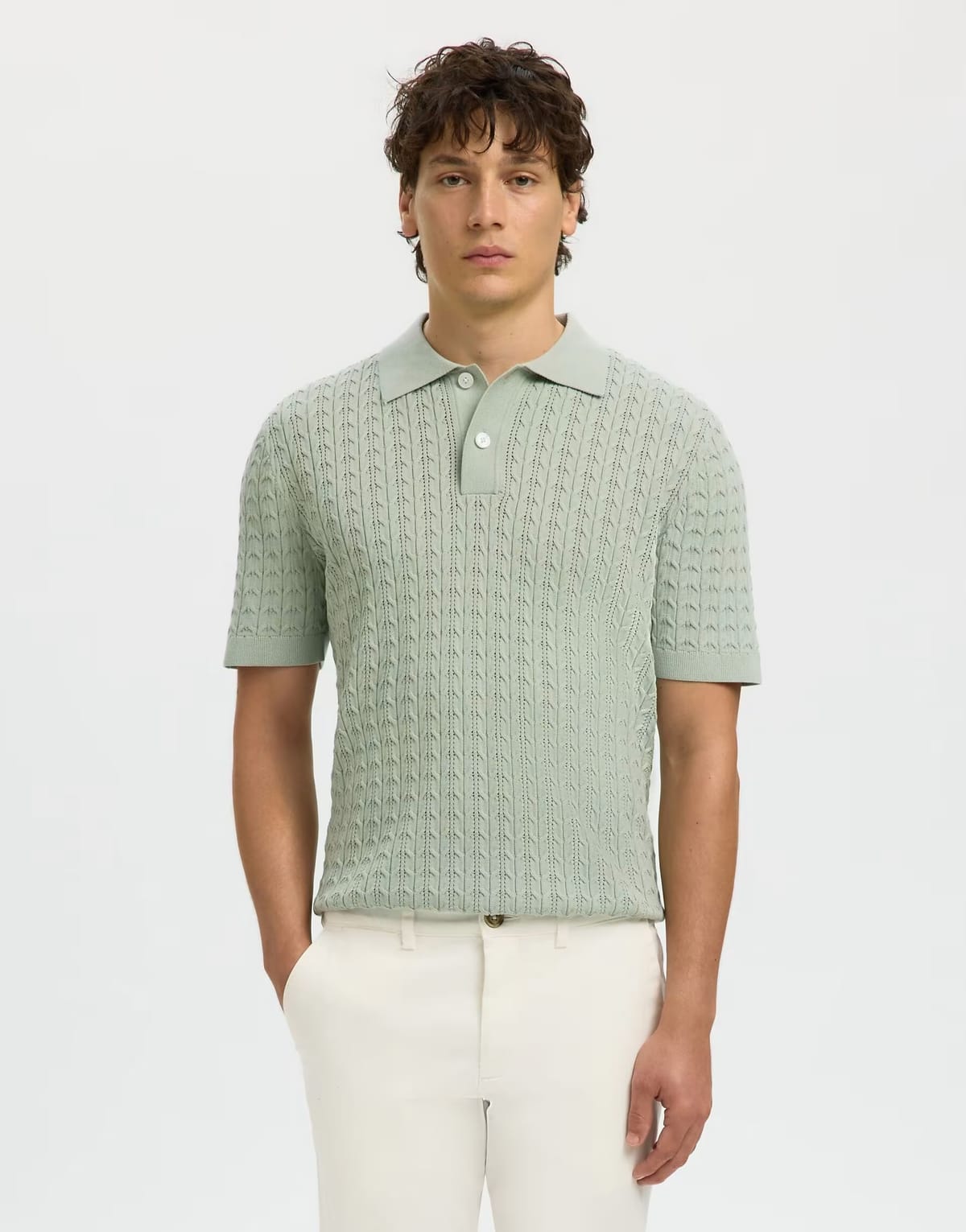 ASOS Selected Knitted polo shirt in aqua gray - 1