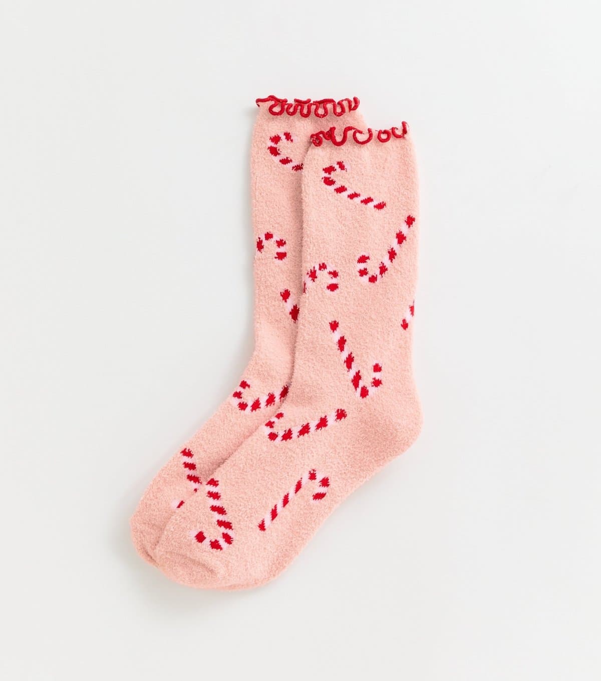 New Look Pink Christmas Candy Cane Pattern Cosy Knit Socks New Look
