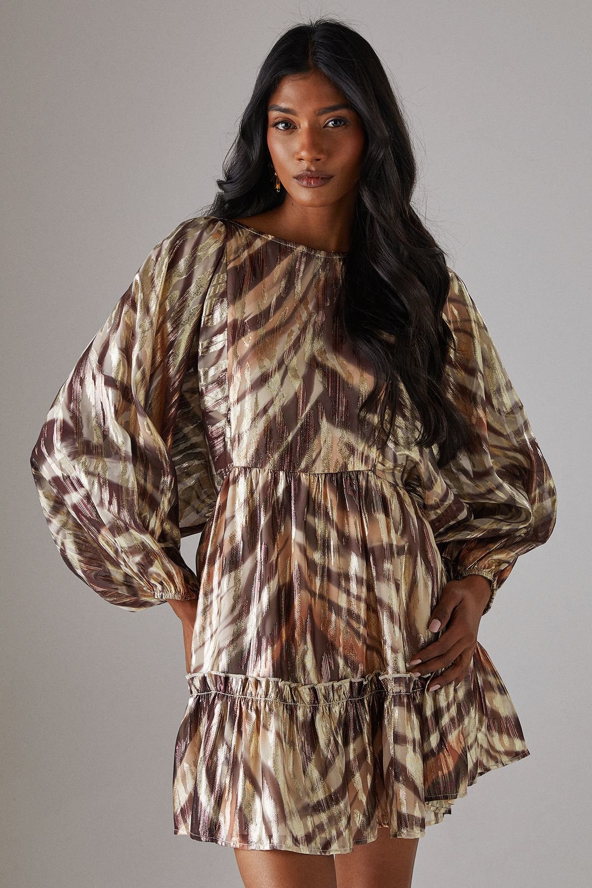 Warehouse Warehouse Women's Metallic Jacquard Volume Sleeve Mini Dress in Zebra - 2