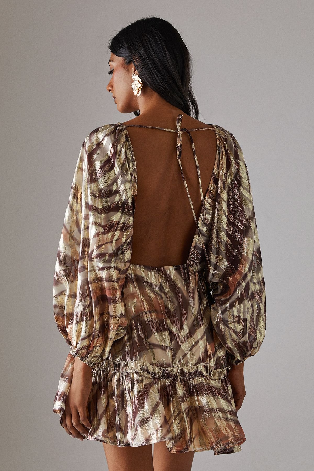 Warehouse Warehouse Women's Metallic Jacquard Volume Sleeve Mini Dress in Zebra - 3