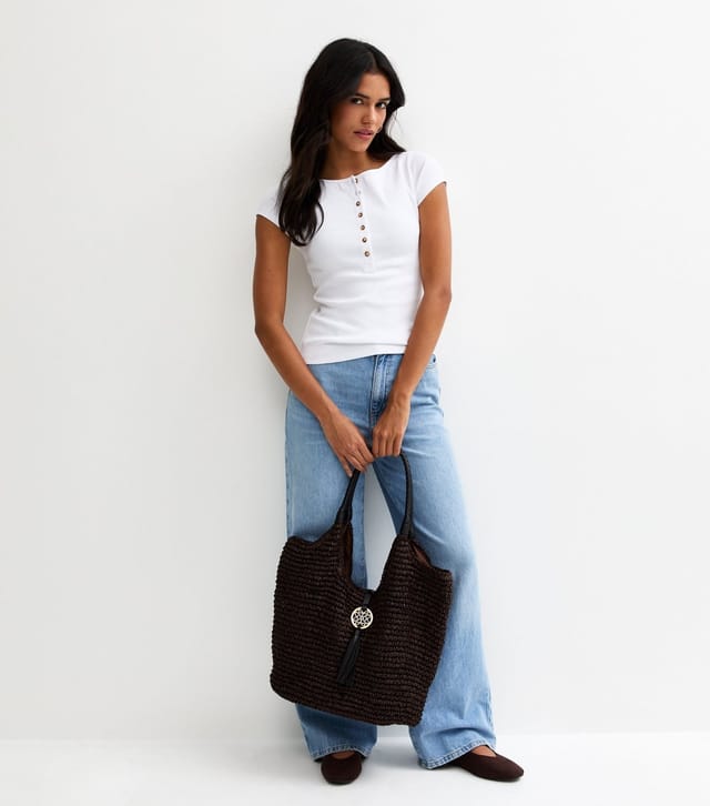 New Look Women's White Ribbed Jersey Button Placket Top New Look - 3