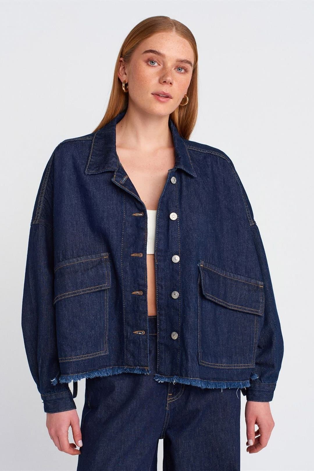 Dilvin Dilvin Women's Oversized Cotton Denim Button Jacket in Dark Indigo