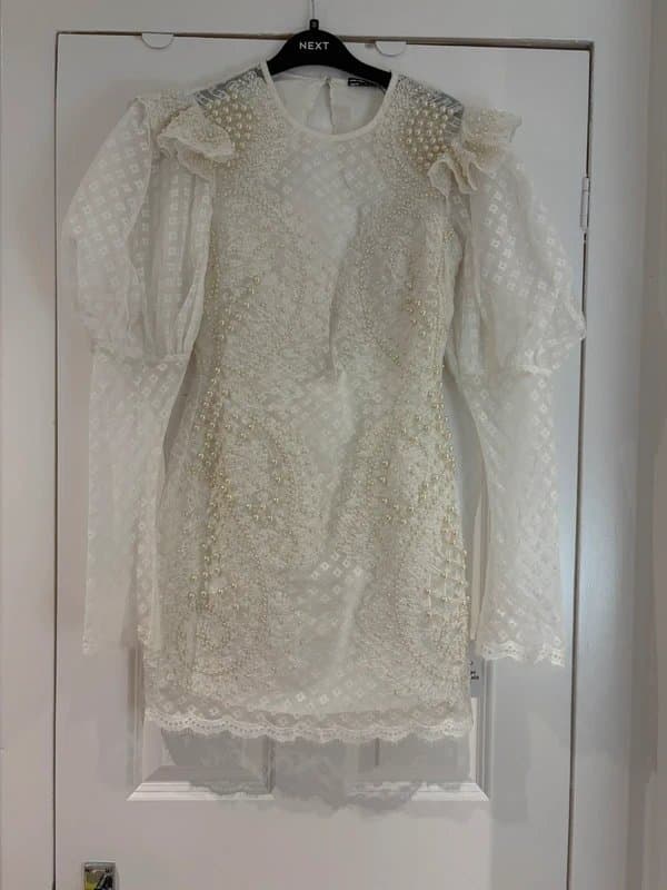 ASOS Asos luxe pearl embellished lace puff sleeve mini dress in cream.