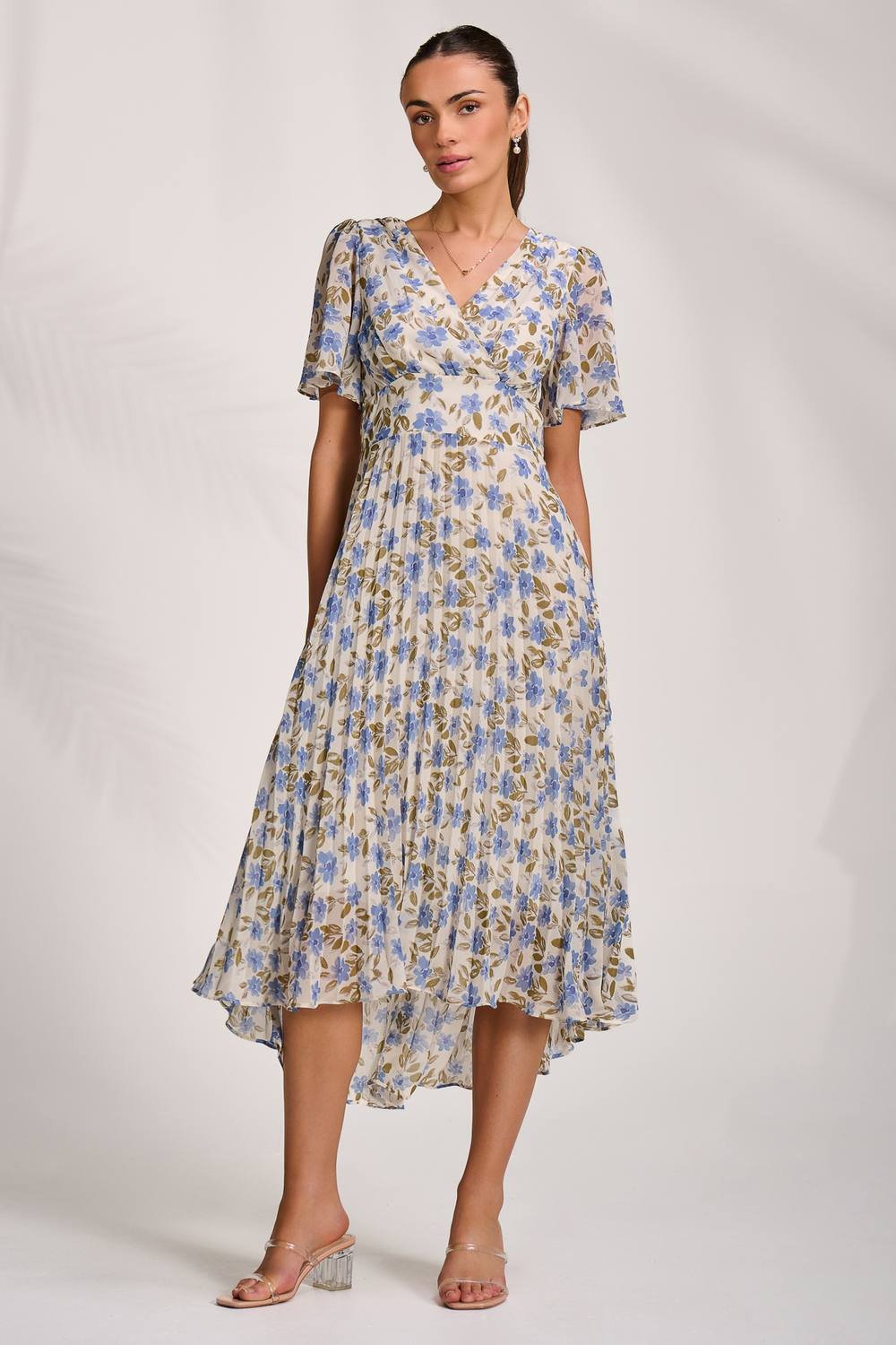 Jolie Moi Jolie Moi Women's Printed Chiffon Pleated Maxi Dress in Blue - 2