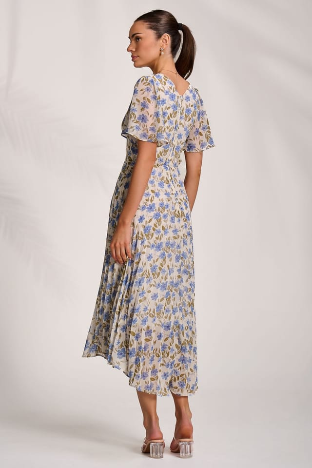 Jolie Moi Jolie Moi Women's Printed Chiffon Pleated Maxi Dress in Blue - 2