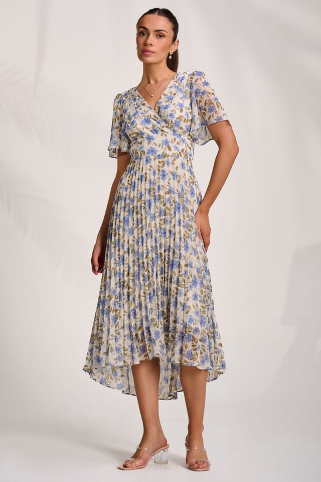 Jolie Moi Jolie Moi Women's Printed Chiffon Pleated Maxi Dress in Blue - 3