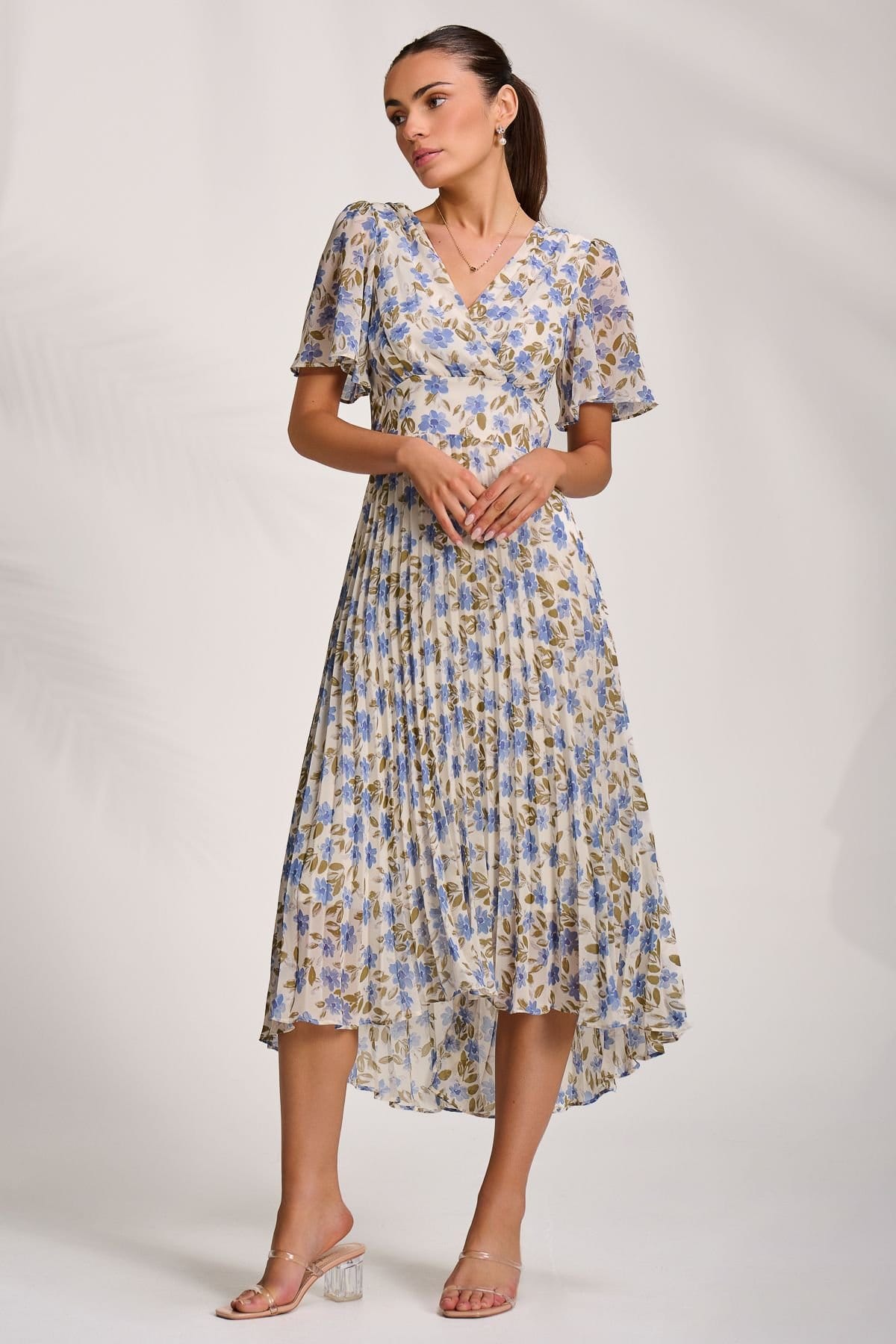Jolie Moi Jolie Moi Women's Printed Chiffon Pleated Maxi Dress in Blue - 4