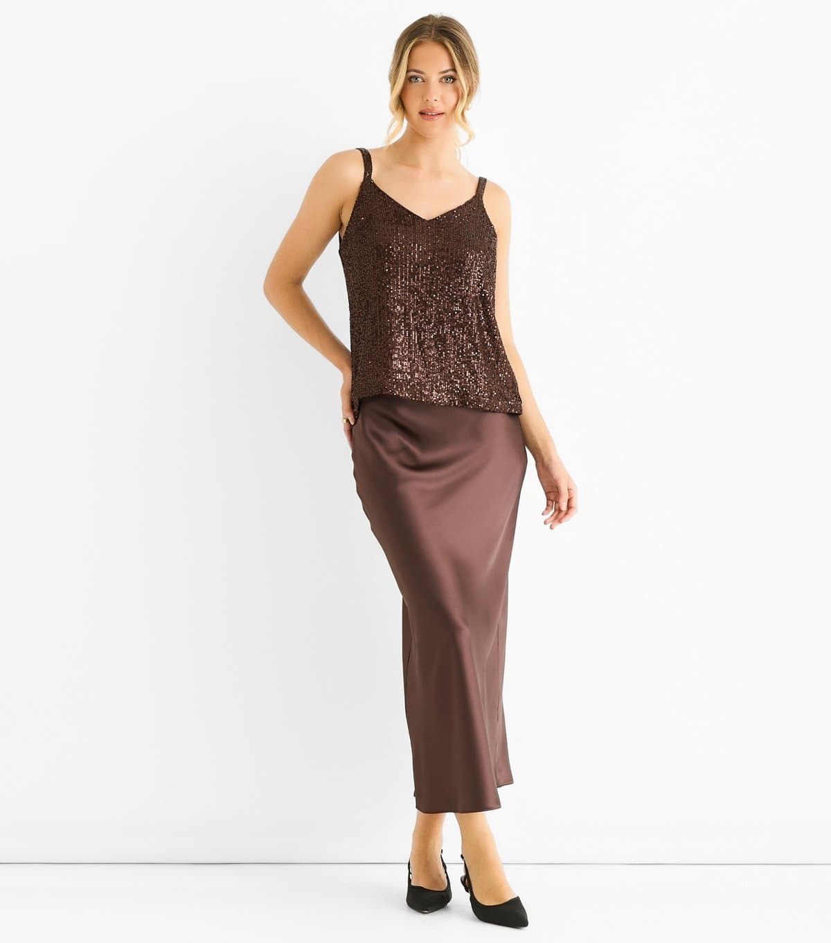Gini London Women's Brown Sequin V-Neck Cami Top Gini London New Look