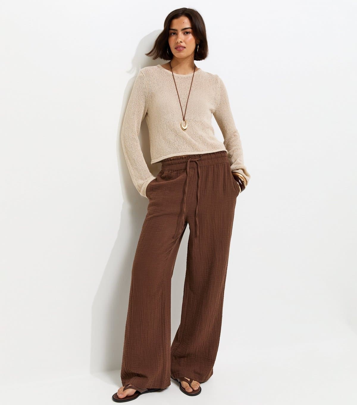 New Look Women's Dark Brown Cotton Textured Drawstring Wide Leg Trousers New Look