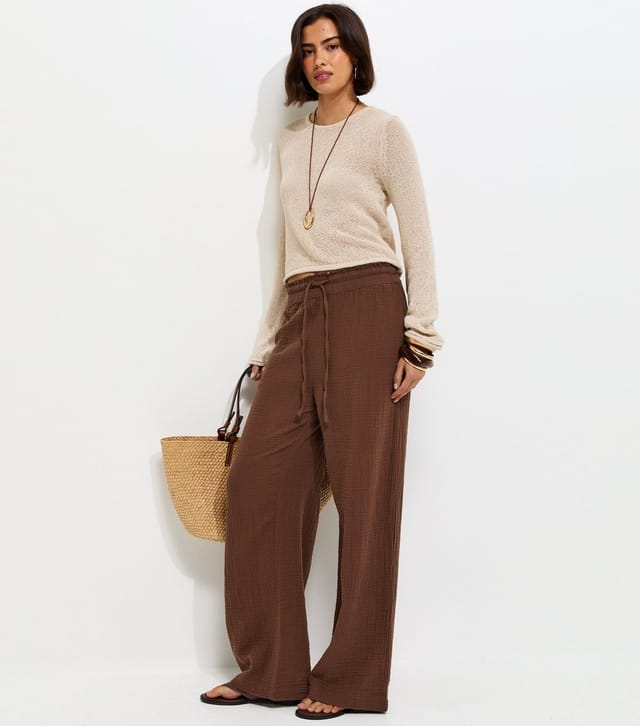 New Look Women's Dark Brown Cotton Textured Drawstring Wide Leg Trousers New Look - 2