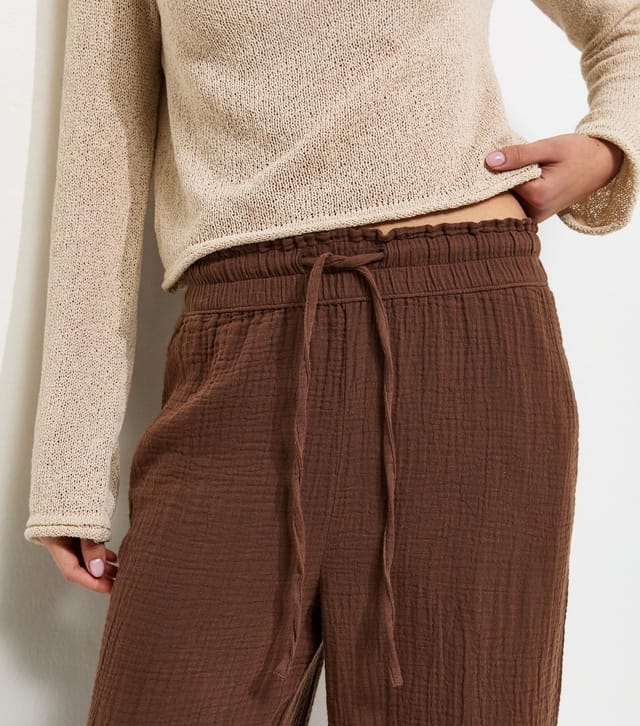New Look Women's Dark Brown Cotton Textured Drawstring Wide Leg Trousers New Look - 3