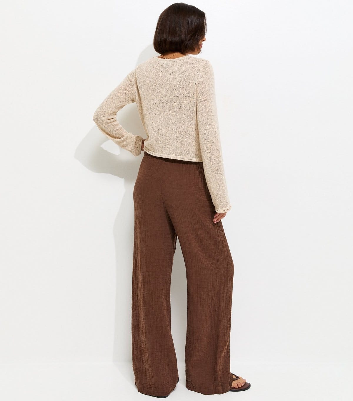 New Look Women's Dark Brown Cotton Textured Drawstring Wide Leg Trousers New Look - 4