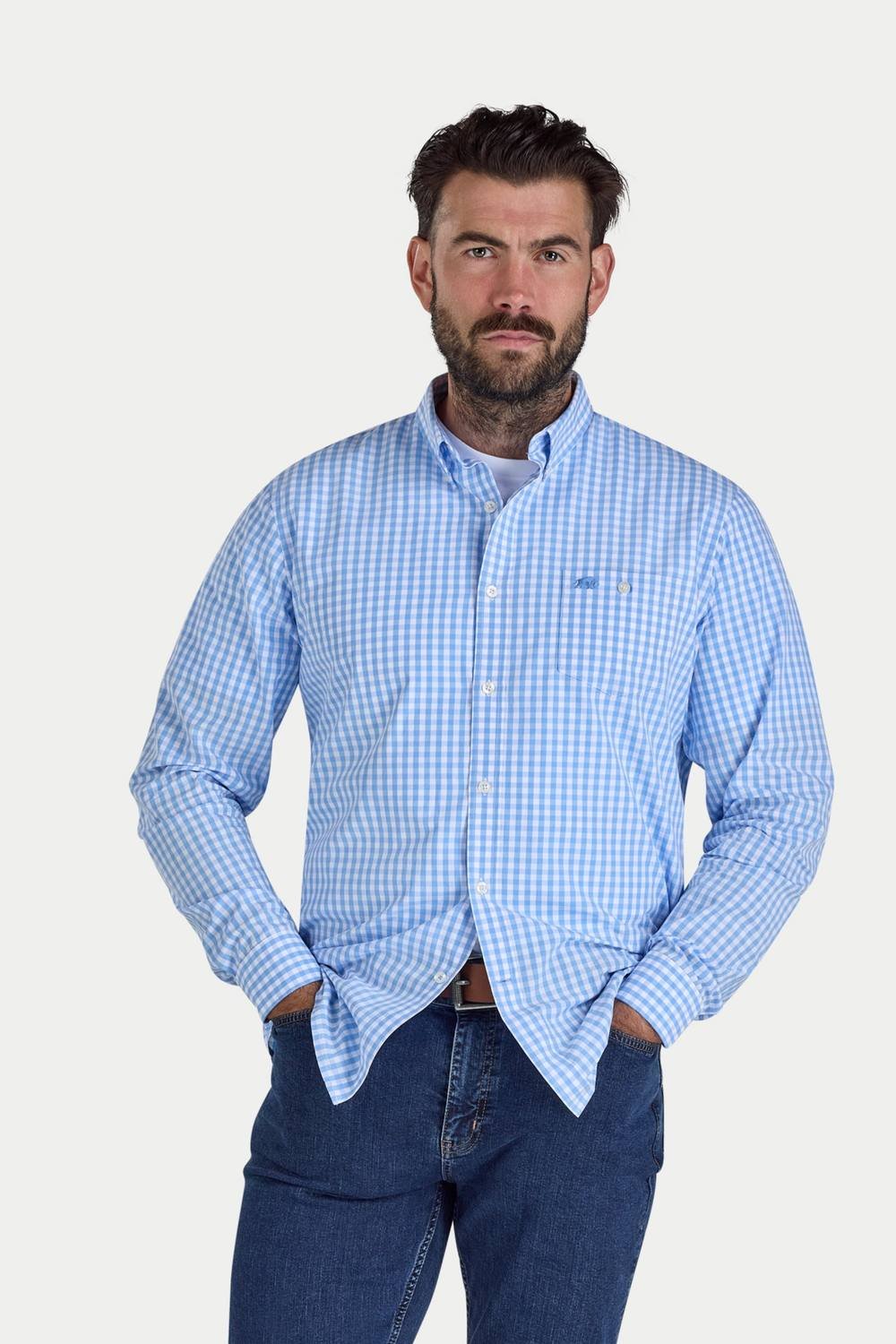 raging bull Raging Bull Men's Long Sleeve Classic Gingham Shirt in Light Blue - 3