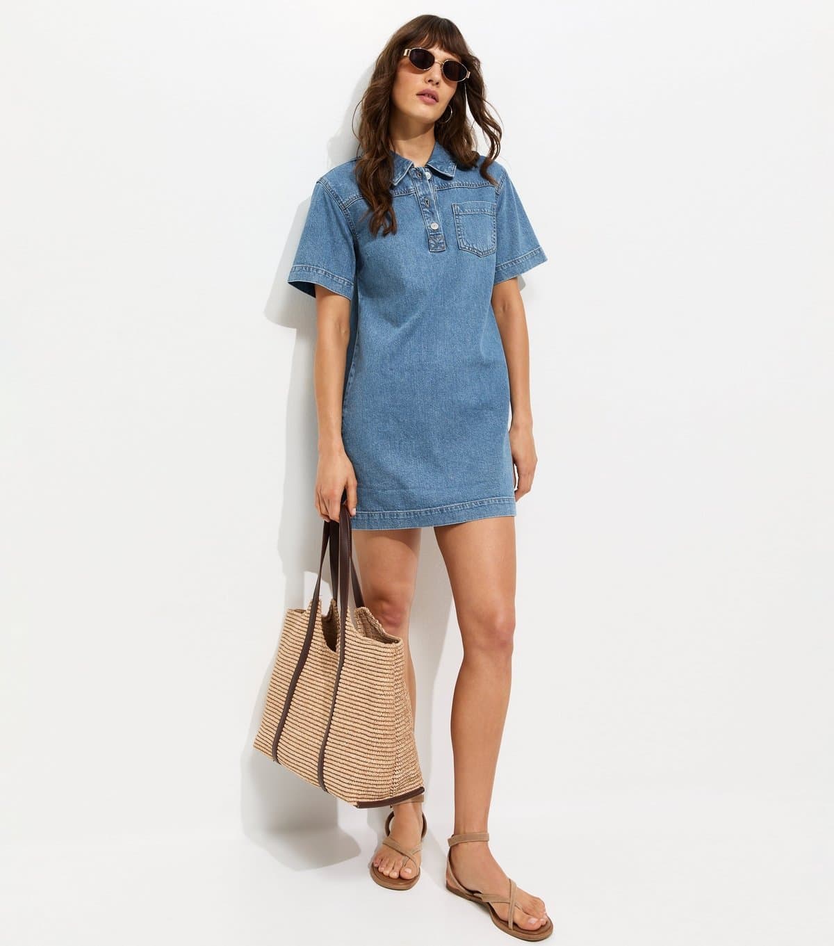 New Look Women's Tall Blue Denim Short Sleeve Tunic Dress New Look