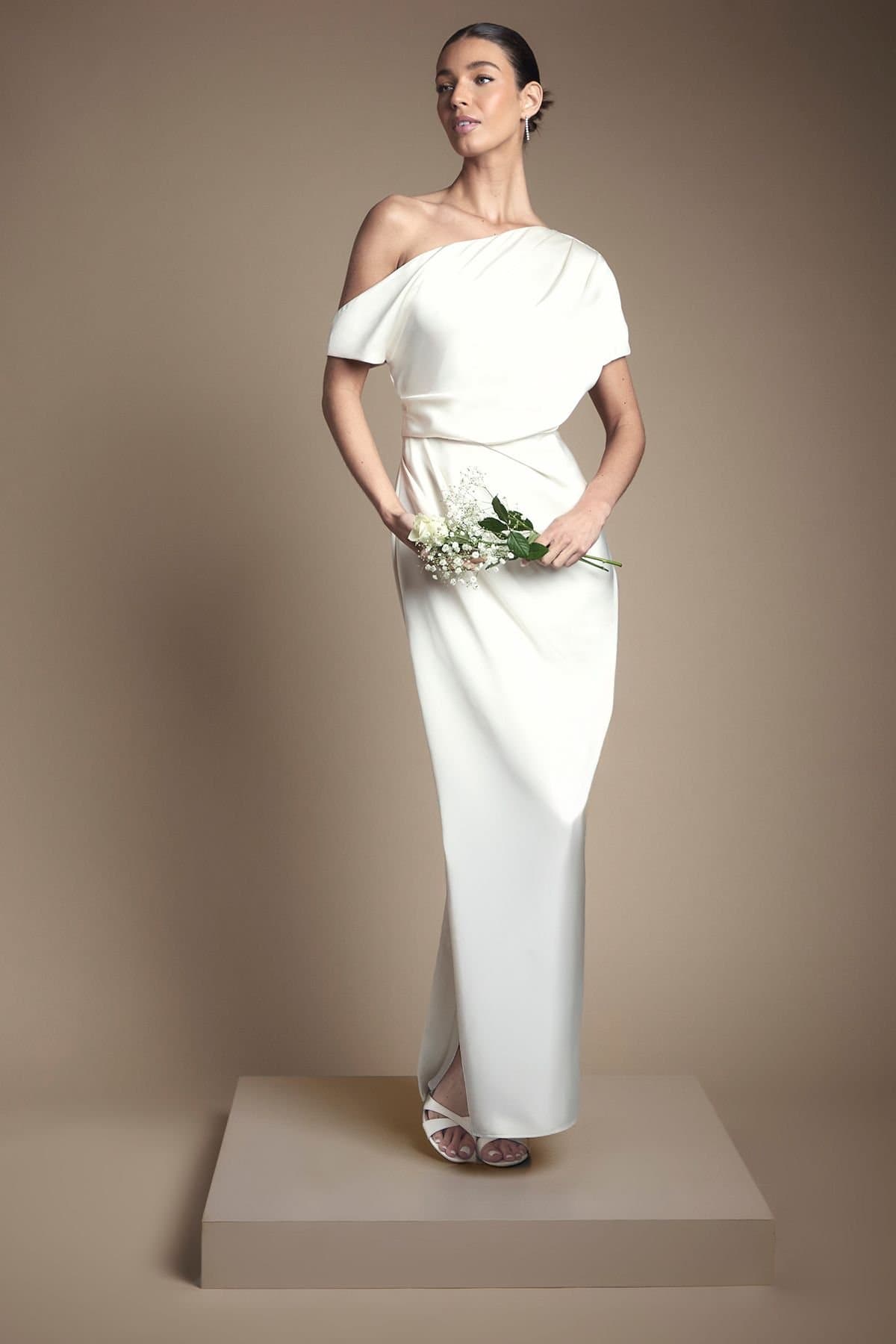 Coast Coast Women's Satin Ruched Detail Off-The Shoulder Maxi Wedding Dress in Ivory