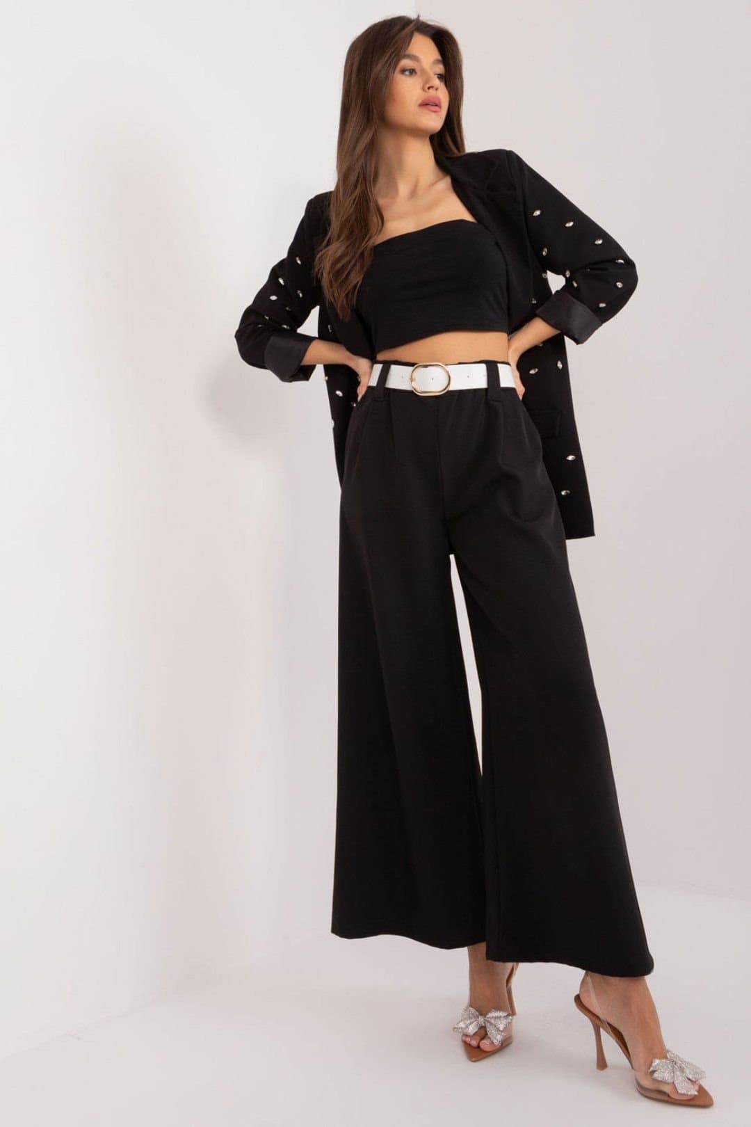 Love Lace Love Lace Women's High Waisted Palazzo Trousers with Belt in Black