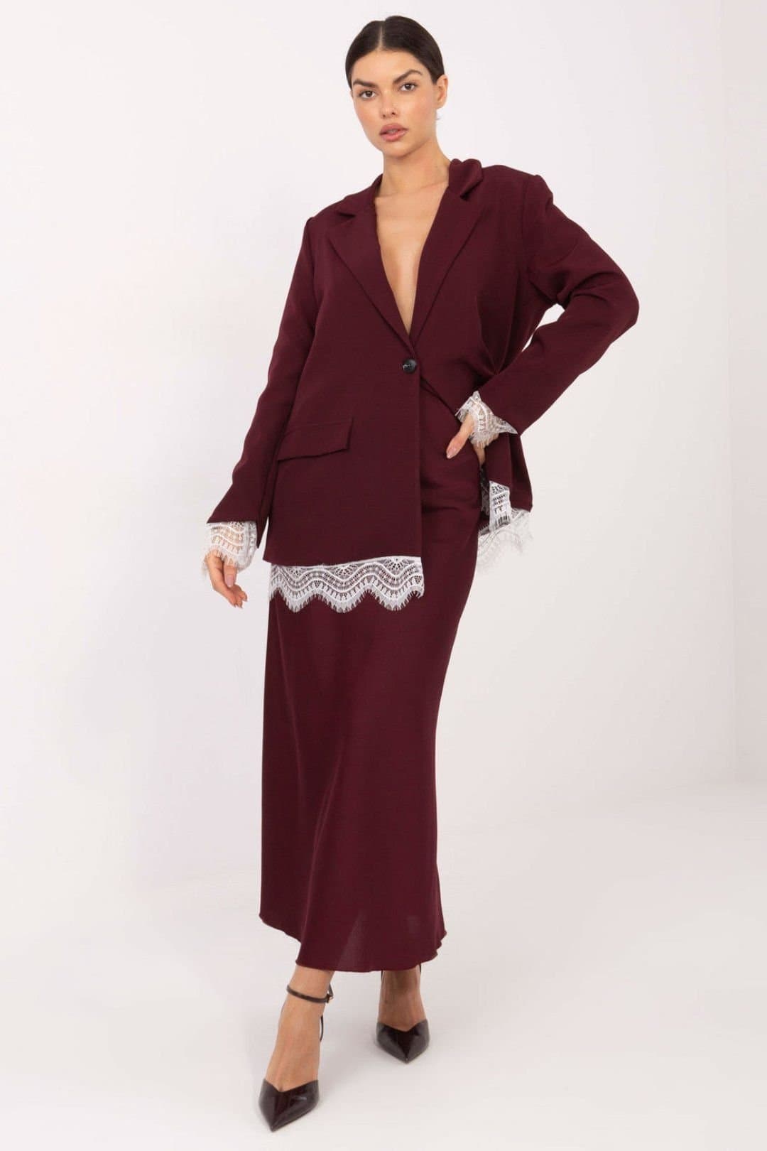 Love Lace Love Lace Women's Lace Trim Elegant Blazer with Shoulder Pads in Burgundy