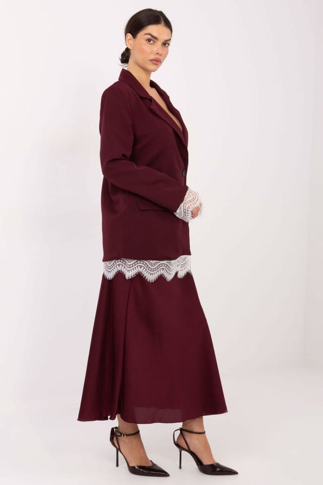 Love Lace Love Lace Women's Lace Trim Elegant Blazer with Shoulder Pads in Burgundy - 2