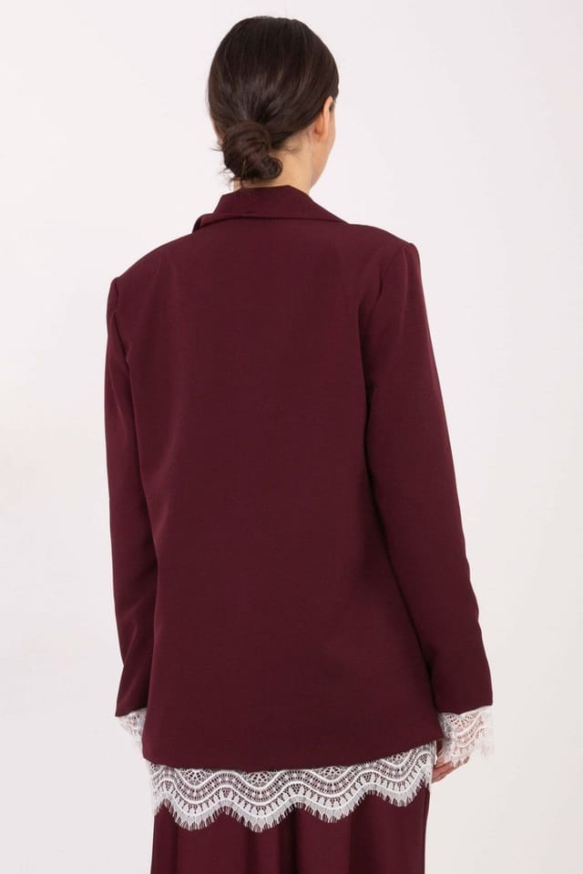 Love Lace Love Lace Women's Lace Trim Elegant Blazer with Shoulder Pads in Burgundy - 3