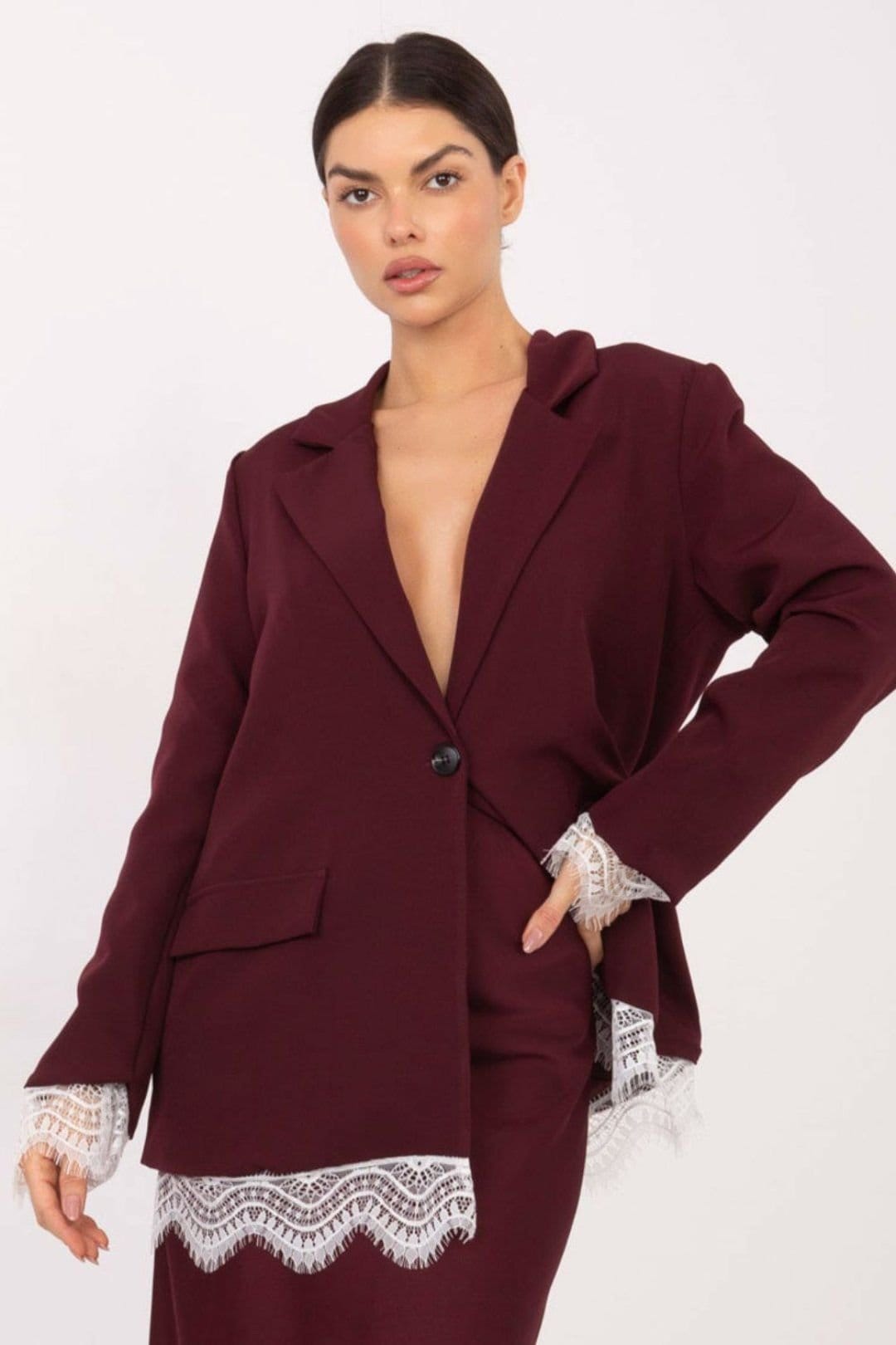 Love Lace Love Lace Women's Lace Trim Elegant Blazer with Shoulder Pads in Burgundy - 4