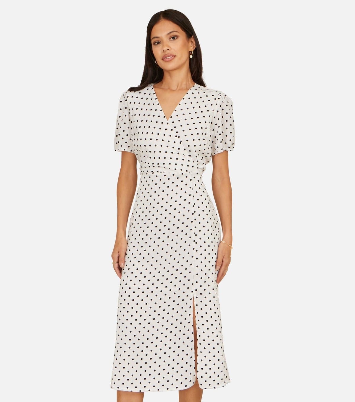 Yumi Women's White Spot Print Wrap Tea Midi Dress Yumi New Look