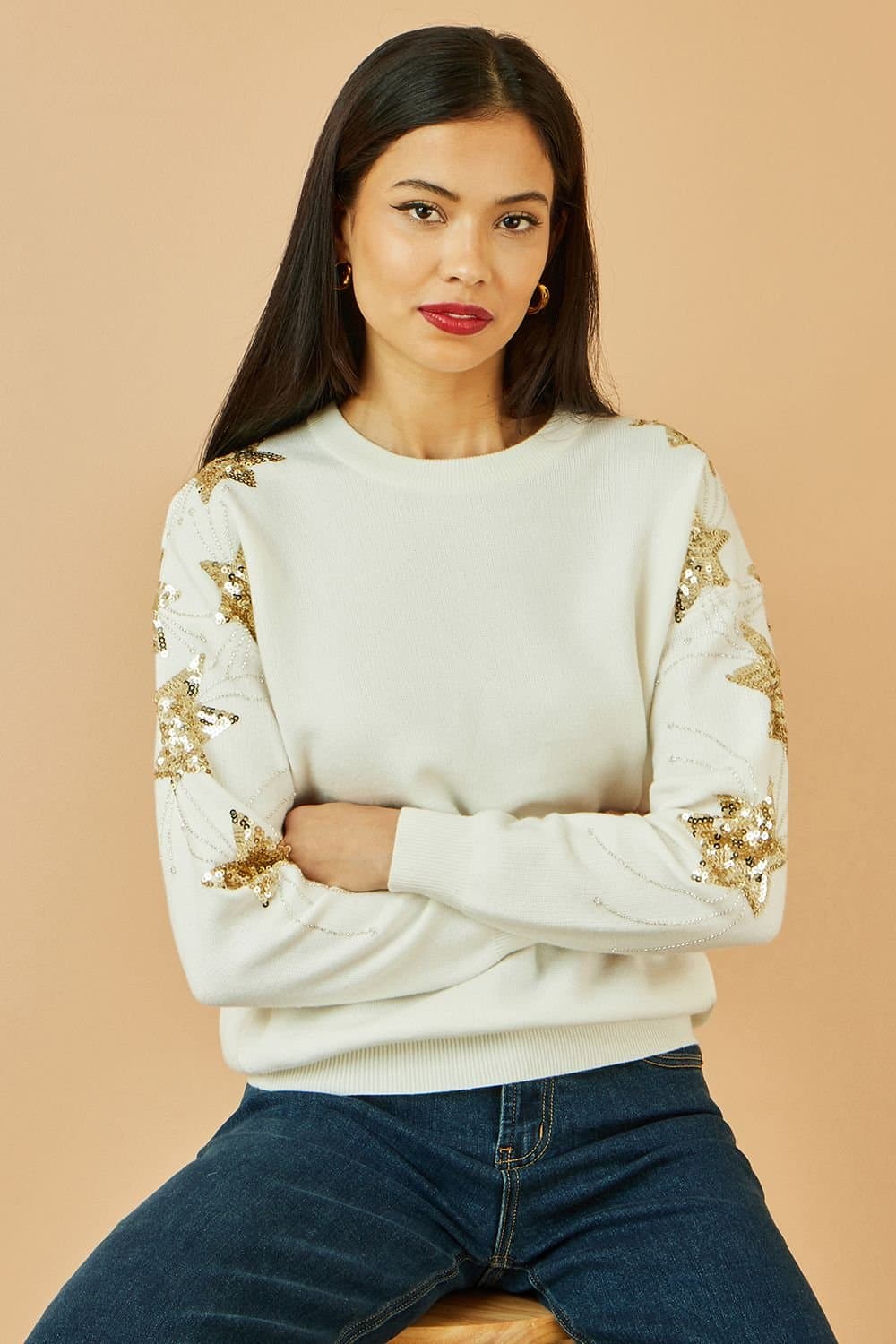 Yumi Yumi Women's White Relaxed Fit Jumper With Sequin Star Sleeves