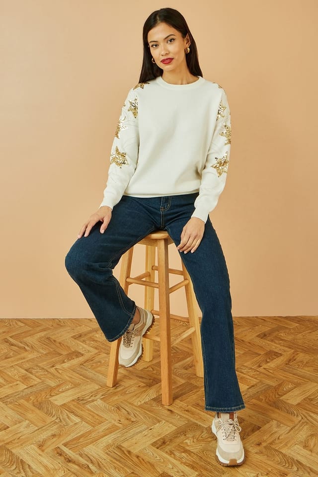 Yumi Yumi Women's White Relaxed Fit Jumper With Sequin Star Sleeves - 2
