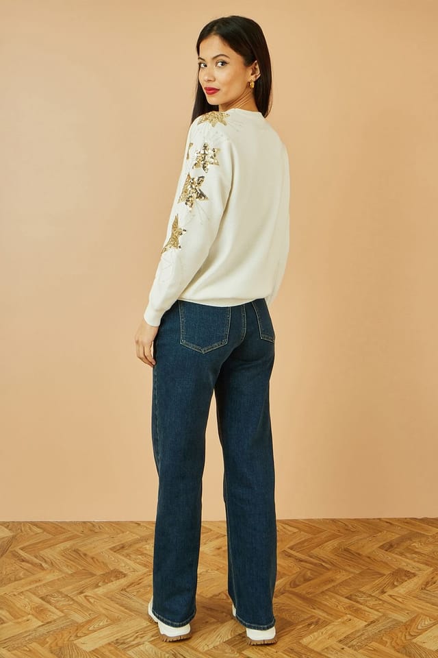 Yumi Yumi Women's White Relaxed Fit Jumper With Sequin Star Sleeves - 3