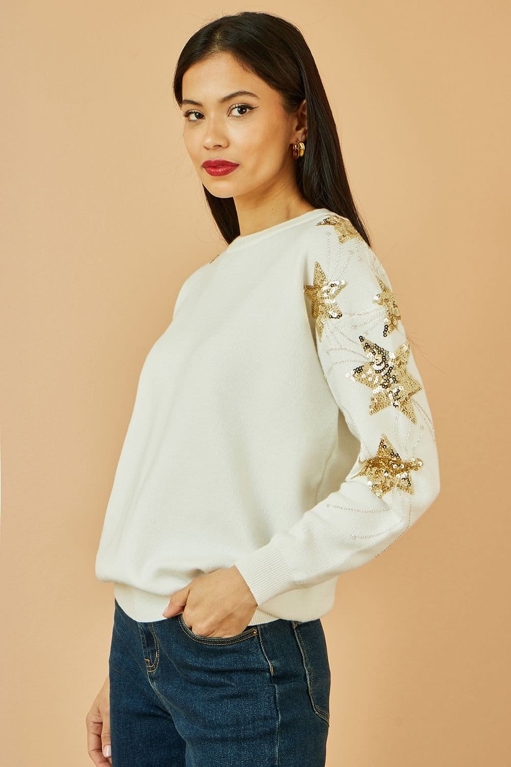 Yumi Yumi Women's White Relaxed Fit Jumper With Sequin Star Sleeves - 4