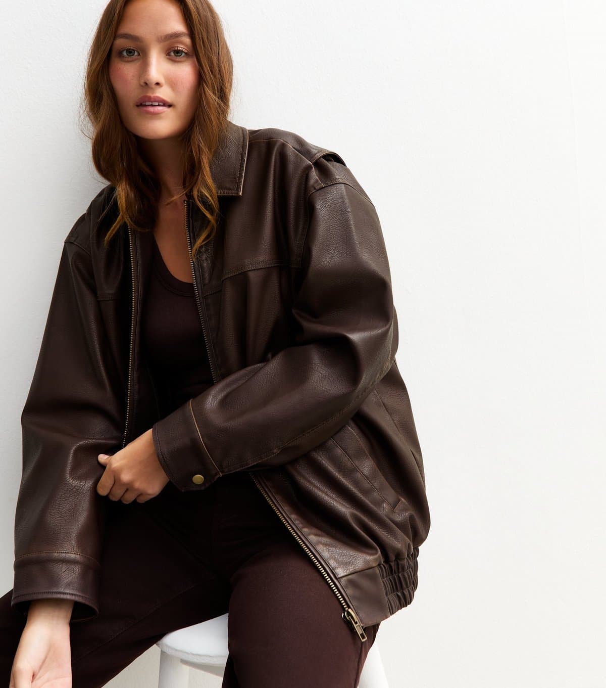 New Look Women's Dark Brown Oversized Washed Faux Leather Jacket New Look
